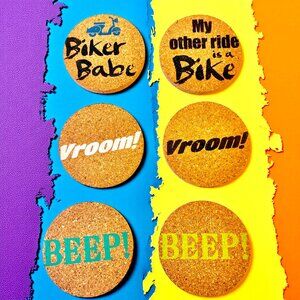 Cypress Home Absorbent Cork Car 6 Coasters Biker Babe Vroom! Peep! NEW